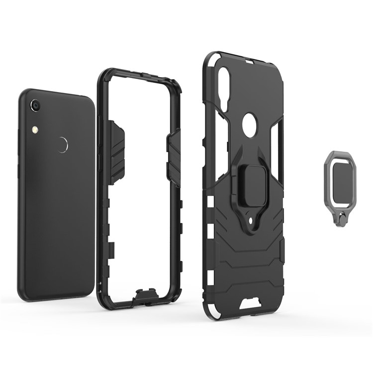 TPU + PC Hybrid Case Com Kickstand de Anel de Dedo Para Huawei Honor 8a / Y6 (2019, Com Sensor de Impressão Digital) / Y6 Prime (2019) - Preto