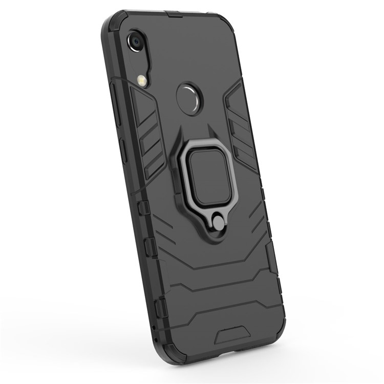 TPU + PC Hybrid Case Com Kickstand de Anel de Dedo Para Huawei Honor 8a / Y6 (2019, Com Sensor de Impressão Digital) / Y6 Prime (2019) - Preto