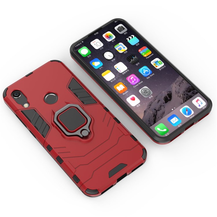 TPU + Tampa Híbrida de PC Com Kickstand de Anel Dos Dedos Para Huawei Honor 8a / Y6 (2019, Com Sensor de Impressão Digital) / Y6 Prime (2019) - Vermelho-3