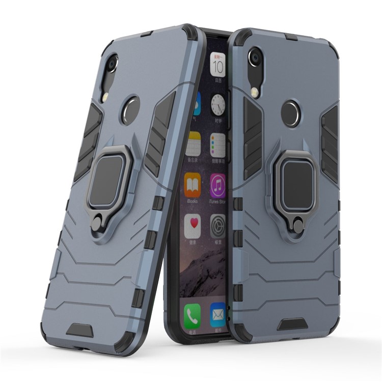 TPU + PC Hybrid Shell Case with Finger Ring Kickstand for Huawei Honor 8A / Y6 (2019, with Fingerprint Sensor) / Y6 Prime (2019) - Dark Blue-1