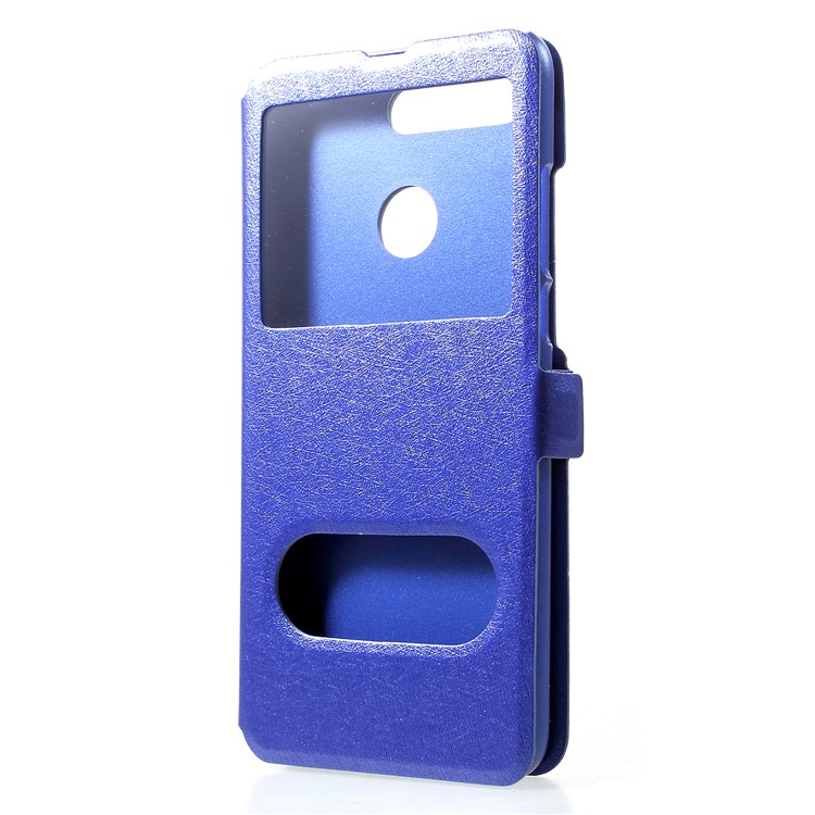 Dual Window Silk Texture PU Leather Phone Cover for Huawei Honor View 20 / V20 - Blue-3