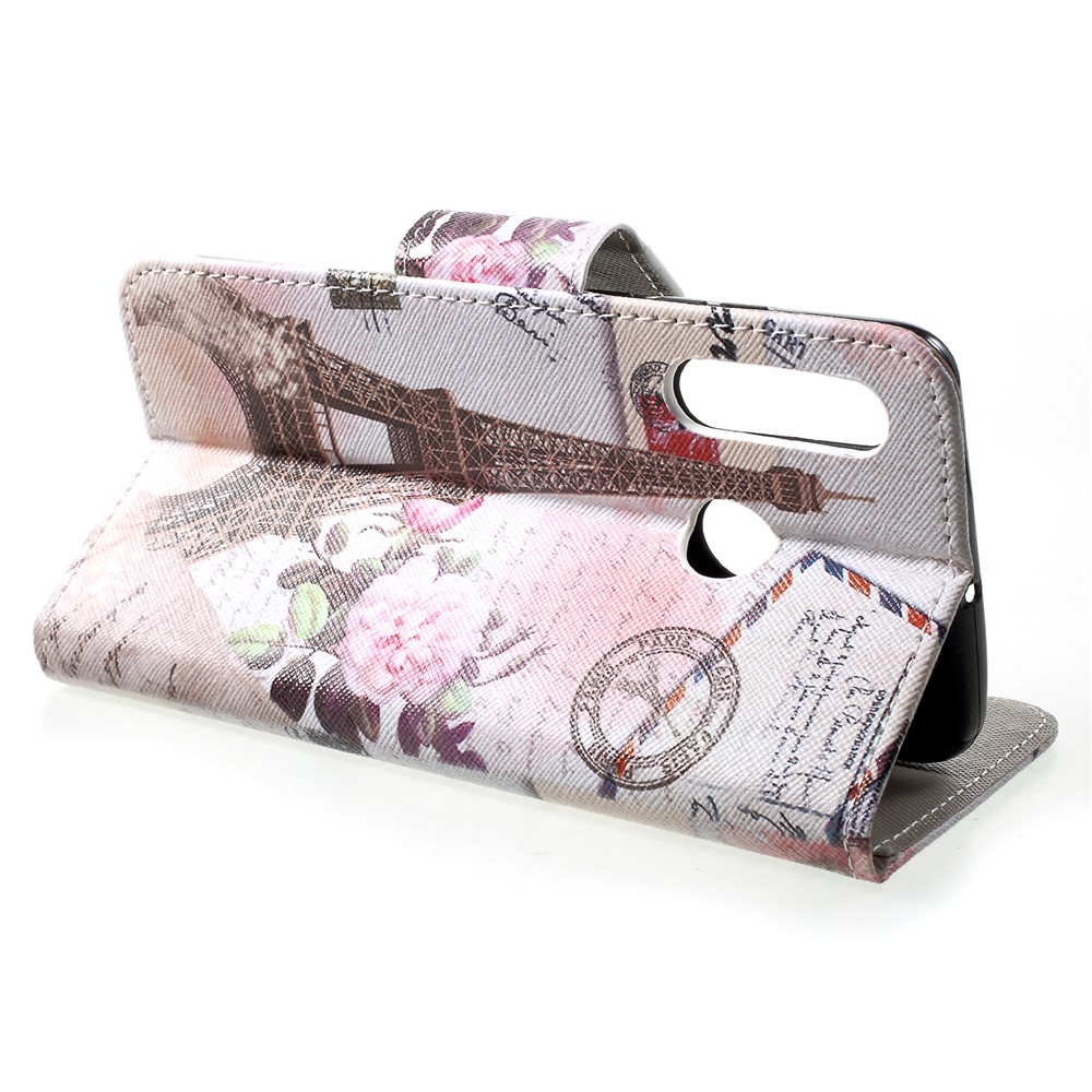 Без Отпечатков Пальцев Cross Texture Pattern Printer People Feel Flip Cover Для Huawei P30 Lite - Эйфелева Башня-4