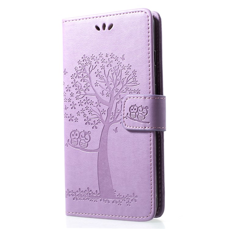 Imprint Tree Owl Wallet Stand Leather Mobile Shell for Huawei Honor 8A - Light Purple-3