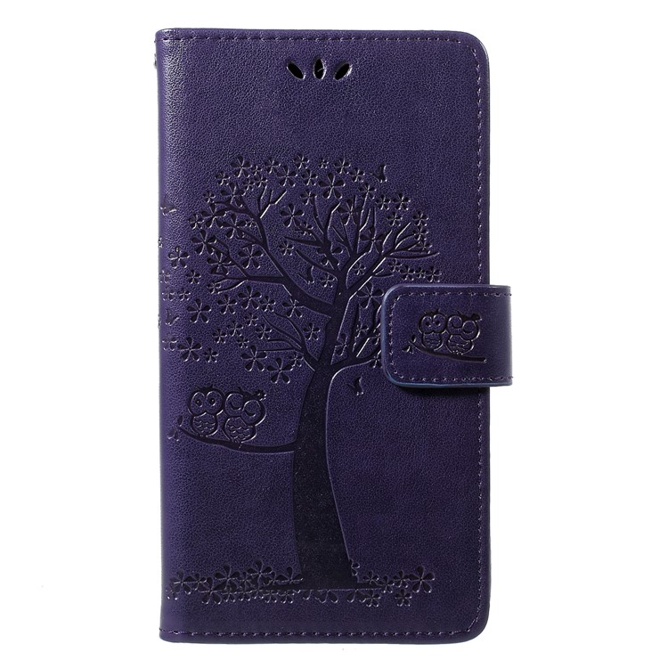 Imprint Tree Chowl Portefeuille Stand en Cuir Coque Mobile Pour Huawei Honor 8a - Violet Foncé