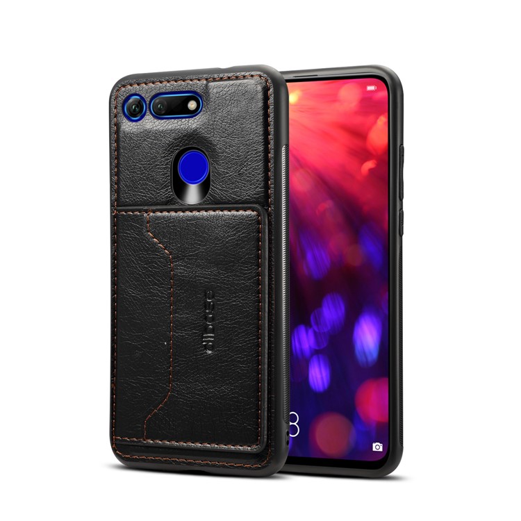 Crazy Horse PU Leather Coated PC TPU Hybrid Card Holder Kickstand Phone Case for Huawei Honor View 20 / Honor V20 (China) - Black-1