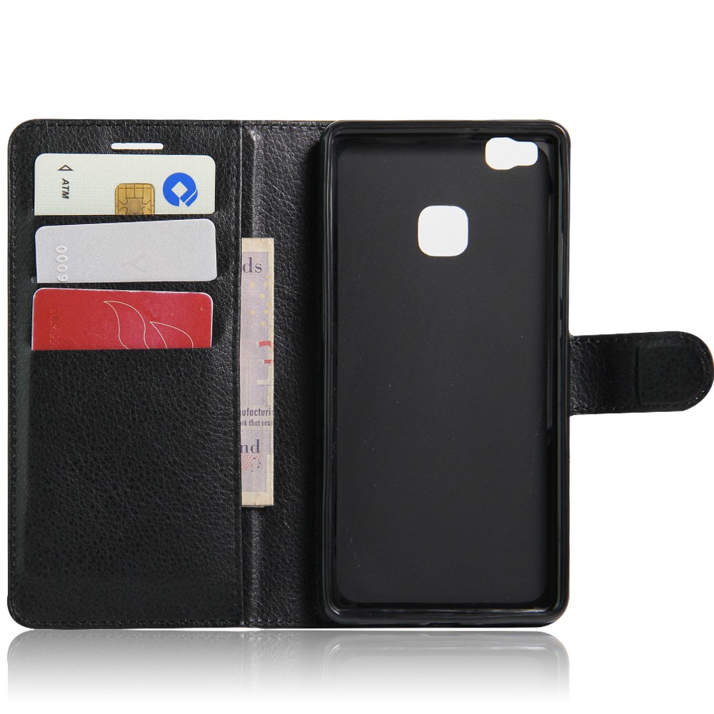 Litchi Grain Folio Flip Leather Wallet Case for Huawei P9 Lite - Black-3