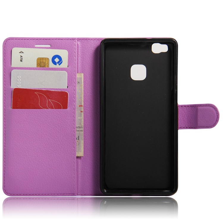 Litchi Grain Leather Wallet Cover Case for Huawei P9 Lite - Purple-3