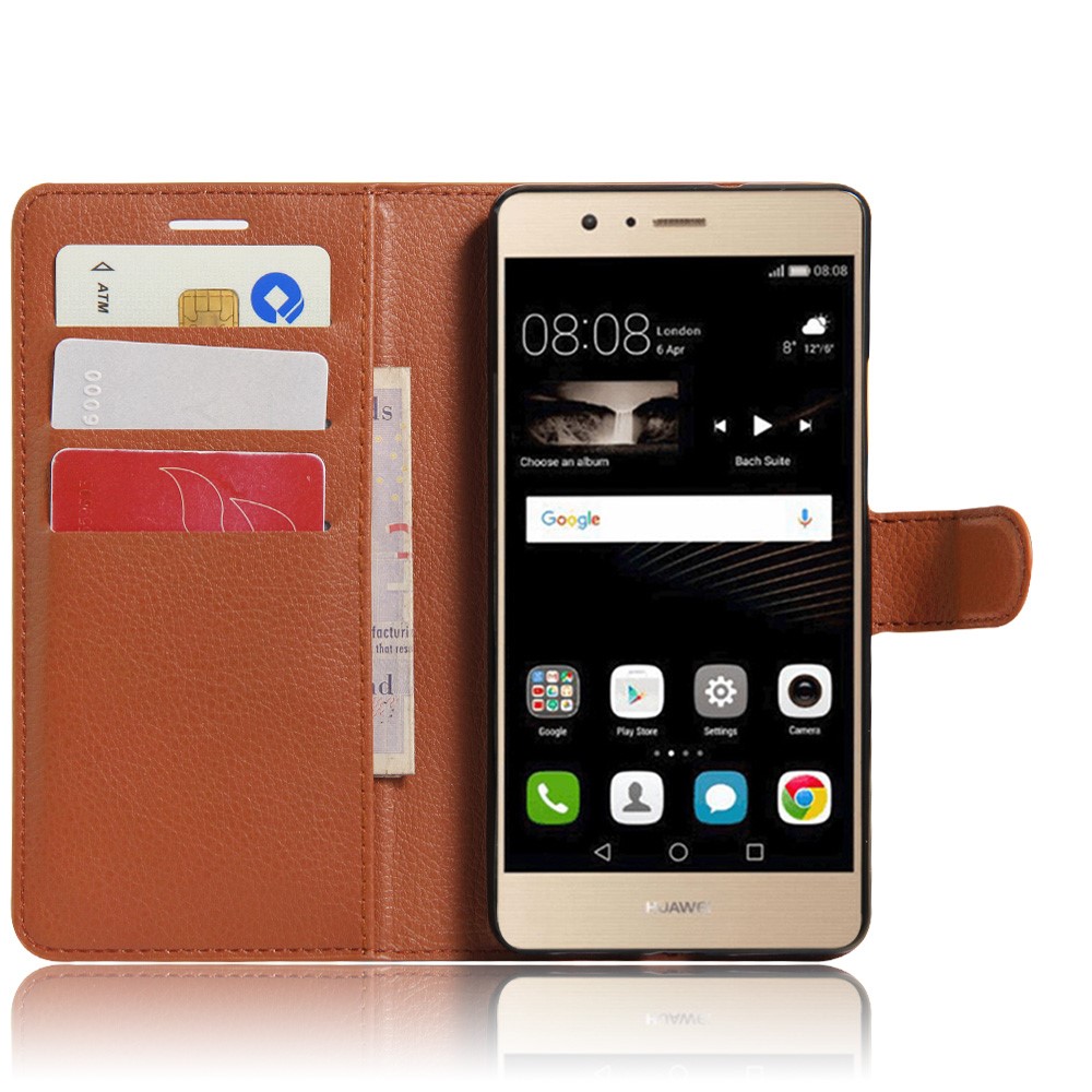 Litchi Grain Folio Flip Leather Wallet Case for Huawei P9 Lite - Brown-4