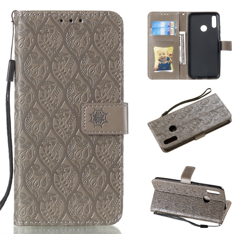 Imprint Leaf Wallet Stand Leather Case with Strap for Huawei P Smart (2019)/Honor 10 Lite - Grey-1
