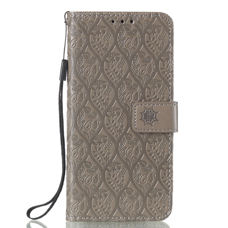 Imprint Leaf Wallet Stand Leather Case with Strap for Huawei P Smart (2019)/Honor 10 Lite - Grey-2