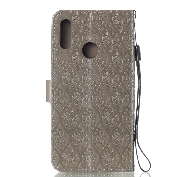 Imprint Leaf Wallet Stand Leather Case with Strap for Huawei P Smart (2019)/Honor 10 Lite - Grey-3