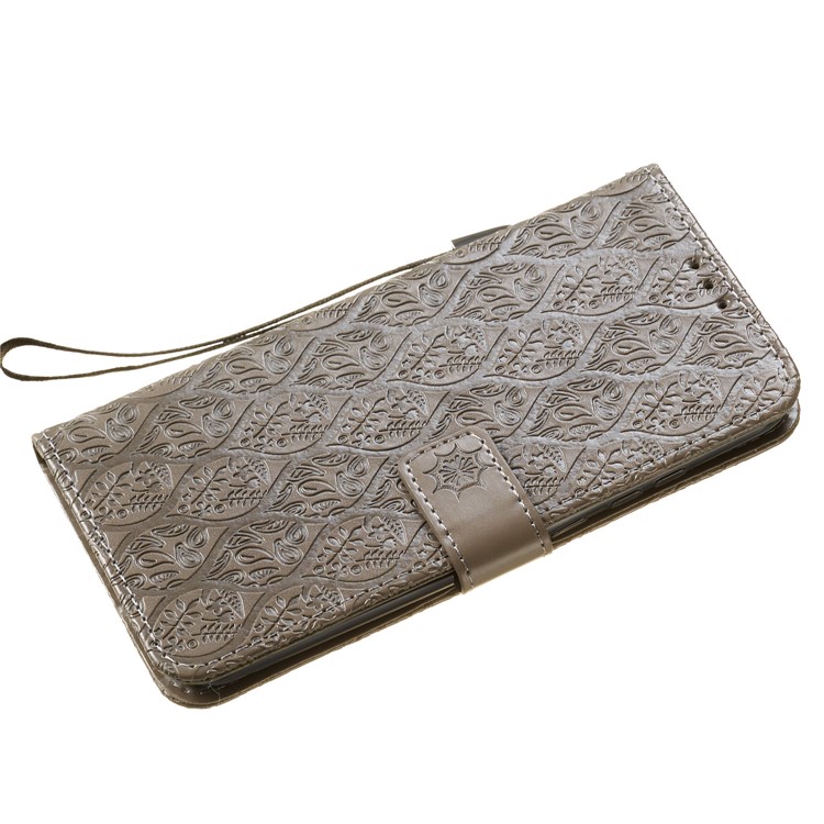 Imprint Leaf Wallet Stand Leather Case with Strap for Huawei P Smart (2019)/Honor 10 Lite - Grey-4