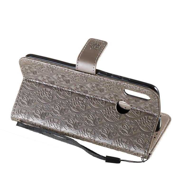 Imprint Leaf Wallet Stand Leather Case with Strap for Huawei P Smart (2019)/Honor 10 Lite - Grey-6