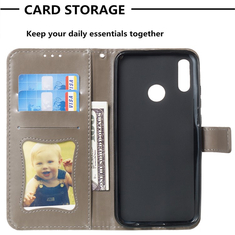 Imprint Leaf Wallet Stand Leather Case with Strap for Huawei P Smart (2019)/Honor 10 Lite - Grey-8