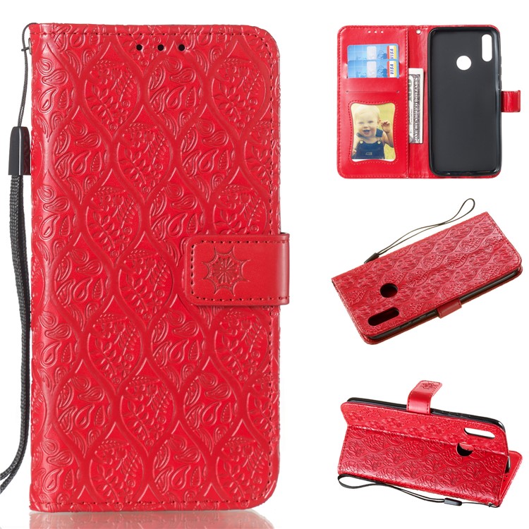 Imprint Leaf Wallet Stand Leather Case with Strap for Huawei P Smart (2019)/Honor 10 Lite - Red-1