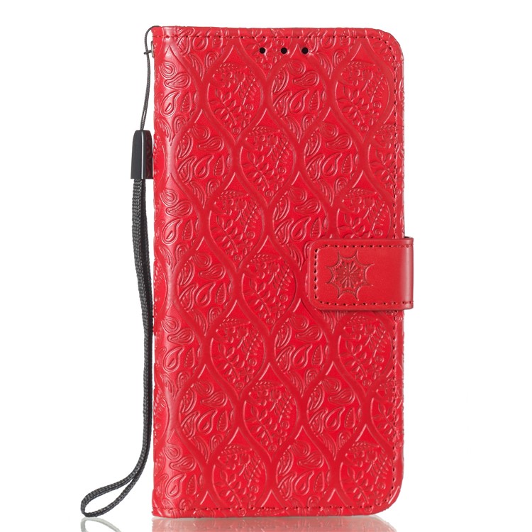 Imprint Leaf Wallet Stand Leather Case with Strap for Huawei P Smart (2019)/Honor 10 Lite - Red-2