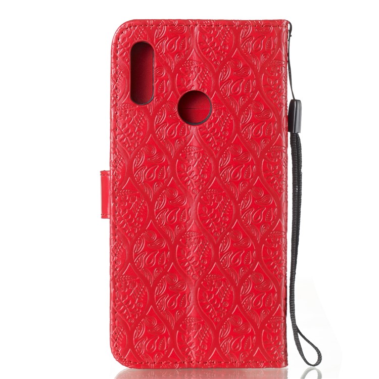 Imprint Leaf Wallet Stand Leather Case with Strap for Huawei P Smart (2019)/Honor 10 Lite - Red-3