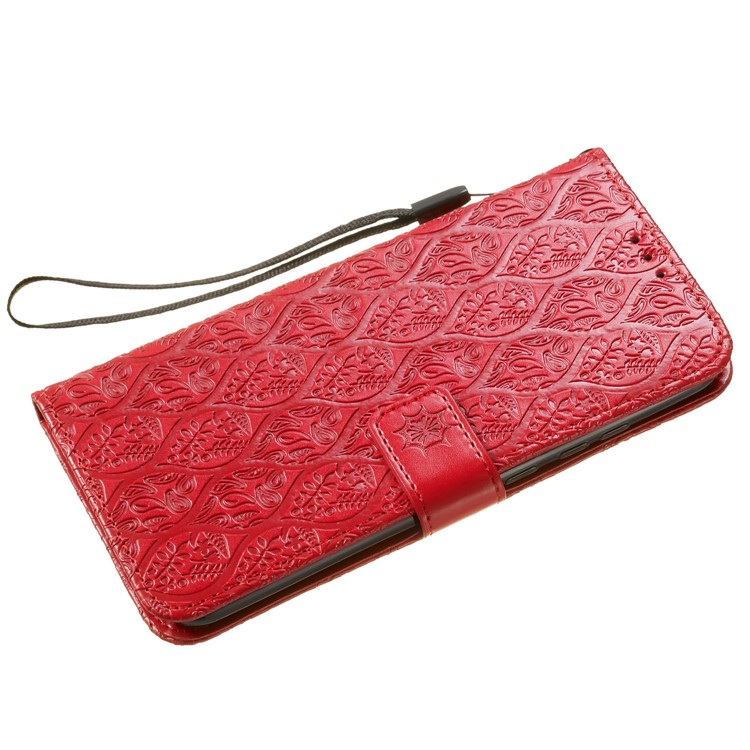 Imprint Leaf Wallet Stand Leather Case with Strap for Huawei P Smart (2019)/Honor 10 Lite - Red-4
