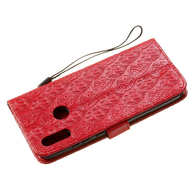 Imprint Leaf Wallet Stand Leather Case with Strap for Huawei P Smart (2019)/Honor 10 Lite - Red-5