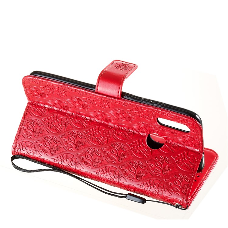 Imprint Leaf Wallet Stand Leather Case with Strap for Huawei P Smart (2019)/Honor 10 Lite - Red-6