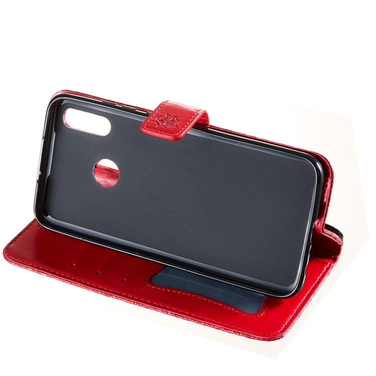 Imprint Leaf Wallet Stand Leather Case with Strap for Huawei P Smart (2019)/Honor 10 Lite - Red-7