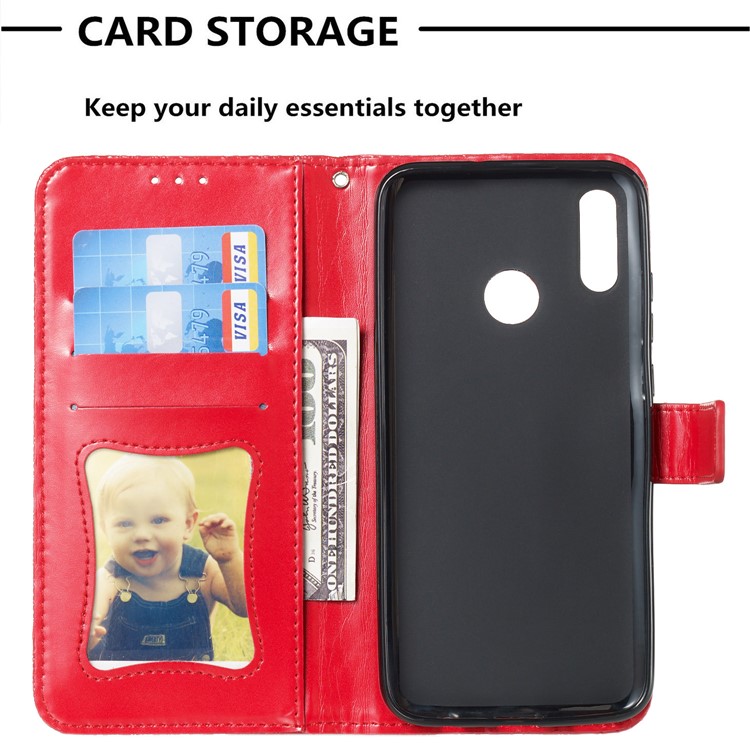 Imprint Leaf Wallet Stand Leather Case with Strap for Huawei P Smart (2019)/Honor 10 Lite - Red-8