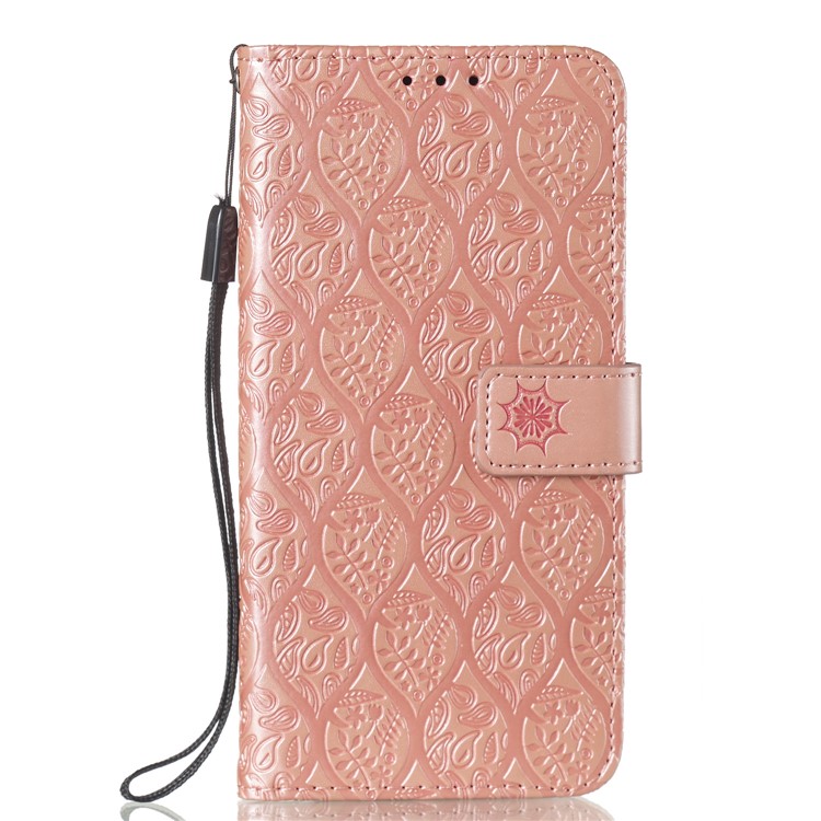 Imprint Leaf Wallet Stand Leather Case with Strap for Huawei P Smart (2019)/Honor 10 Lite - Rose Gold-2