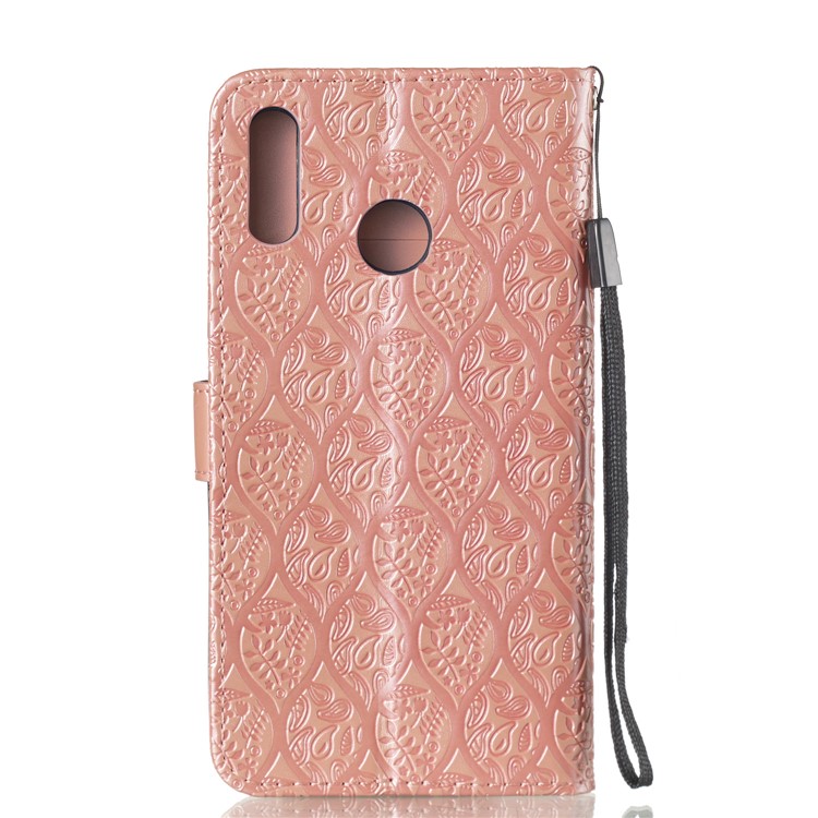 Imprint Leaf Wallet Stand Leather Case with Strap for Huawei P Smart (2019)/Honor 10 Lite - Rose Gold-3