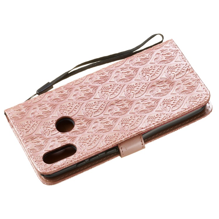 Imprint Leaf Wallet Stand Leather Case with Strap for Huawei P Smart (2019)/Honor 10 Lite - Rose Gold-4