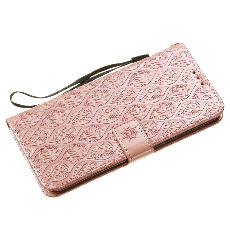 Imprint Leaf Wallet Stand Leather Case with Strap for Huawei P Smart (2019)/Honor 10 Lite - Rose Gold-5