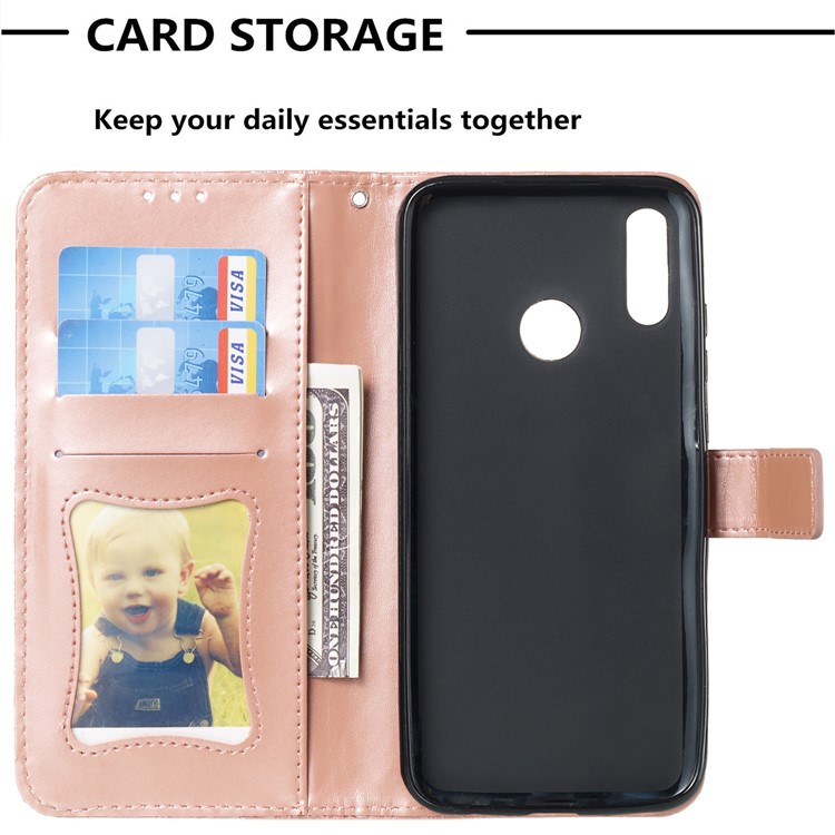 Imprint Leaf Wallet Stand Leather Case with Strap for Huawei P Smart (2019)/Honor 10 Lite - Rose Gold-8