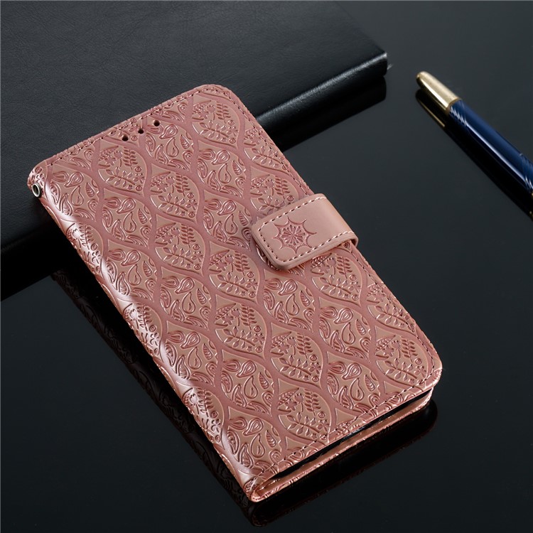 Imprint Leaf Wallet Stand Leather Case with Strap for Huawei P Smart (2019)/Honor 10 Lite - Rose Gold-9