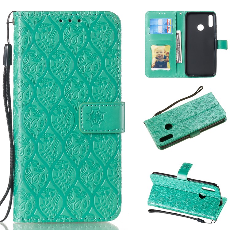 Imprint Leaf Wallet Stand Leather Case with Strap for Huawei P Smart (2019)/Honor 10 Lite - Cyan-1