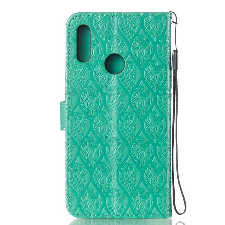 Imprint Leaf Wallet Stand Leather Case with Strap for Huawei P Smart (2019)/Honor 10 Lite - Cyan-3