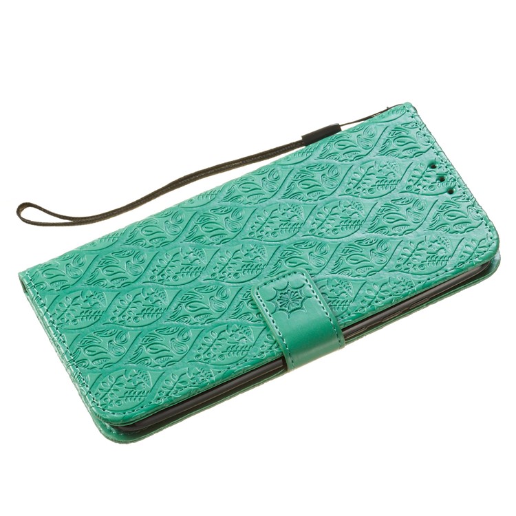 Imprint Leaf Wallet Stand Leather Case with Strap for Huawei P Smart (2019)/Honor 10 Lite - Cyan-4