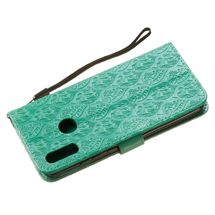 Imprint Leaf Wallet Stand Leather Case with Strap for Huawei P Smart (2019)/Honor 10 Lite - Cyan-5