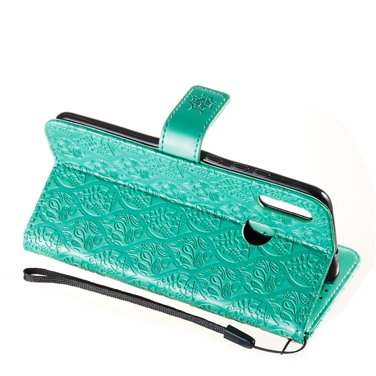 Imprint Leaf Wallet Stand Leather Case with Strap for Huawei P Smart (2019)/Honor 10 Lite - Cyan-6