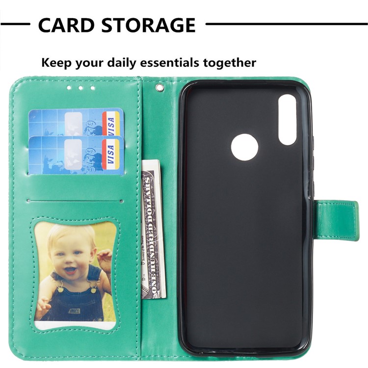 Imprint Leaf Wallet Stand Leather Case with Strap for Huawei P Smart (2019)/Honor 10 Lite - Cyan-8