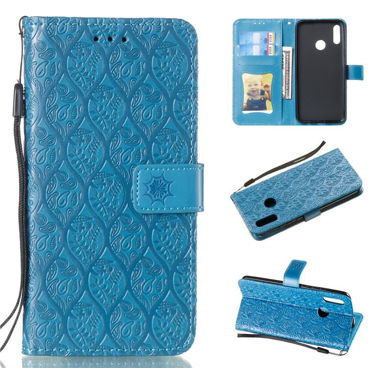 Imprint Leaf Wallet Stand Leather Case with Strap for Huawei P Smart (2019)/Honor 10 Lite - Baby Blue-1