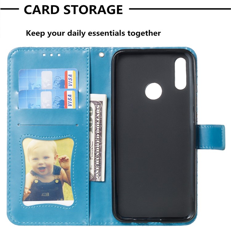 Imprint Leaf Wallet Stand Leather Case with Strap for Huawei P Smart (2019)/Honor 10 Lite - Baby Blue-8