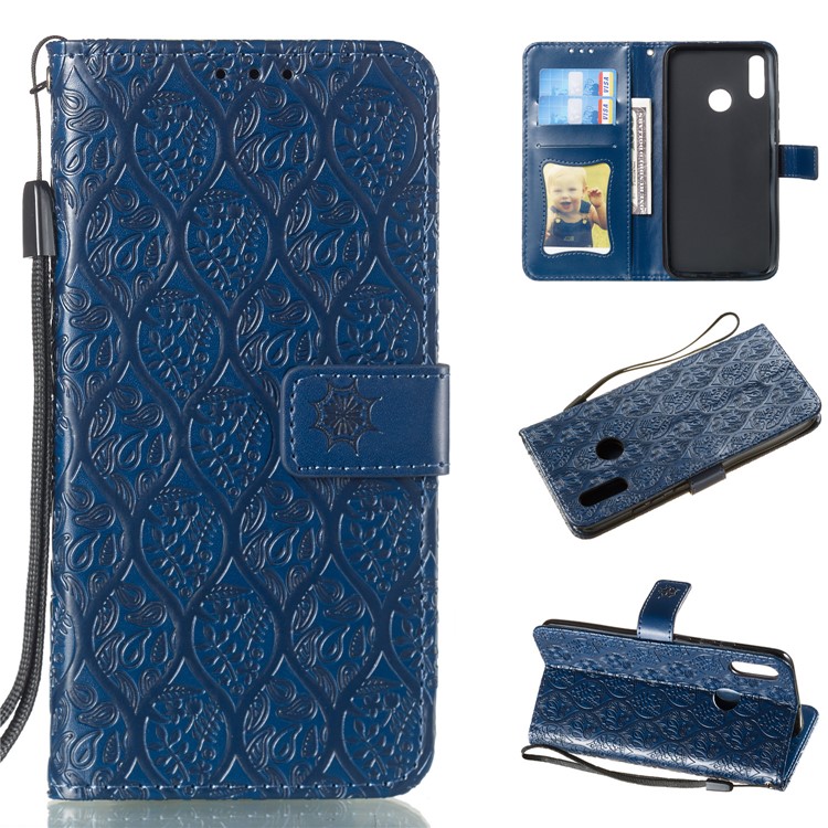 Imprint Leaf Wallet Stand Leather Case with Strap for Huawei P Smart (2019)/Honor 10 Lite - Dark Blue-1