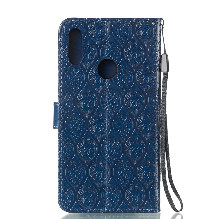 Imprint Leaf Wallet Stand Leather Case with Strap for Huawei P Smart (2019)/Honor 10 Lite - Dark Blue-3