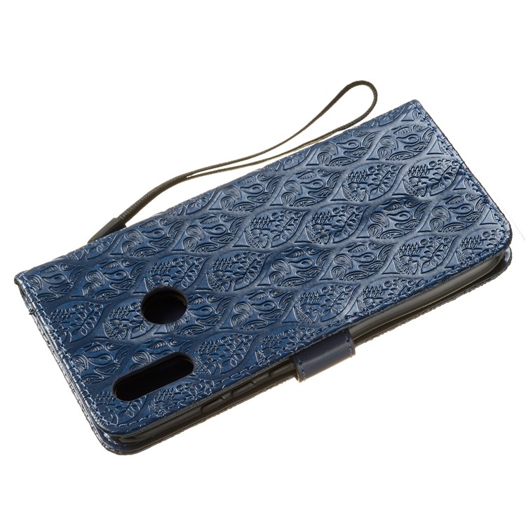 Imprint Leaf Wallet Stand Leather Case with Strap for Huawei P Smart (2019)/Honor 10 Lite - Dark Blue-4