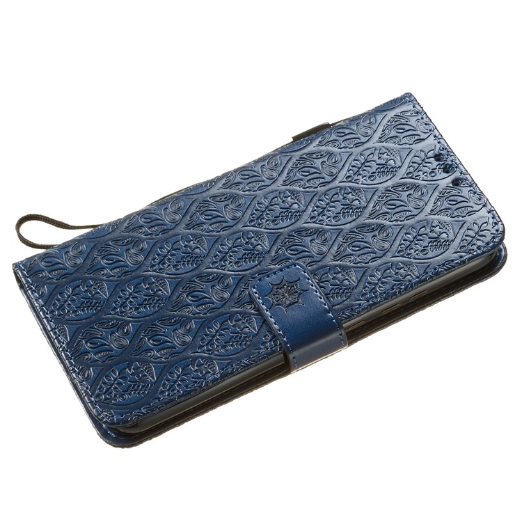 Imprint Leaf Wallet Stand Leather Case with Strap for Huawei P Smart (2019)/Honor 10 Lite - Dark Blue-5