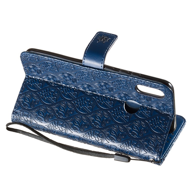 Imprint Leaf Wallet Stand Leather Case with Strap for Huawei P Smart (2019)/Honor 10 Lite - Dark Blue-7