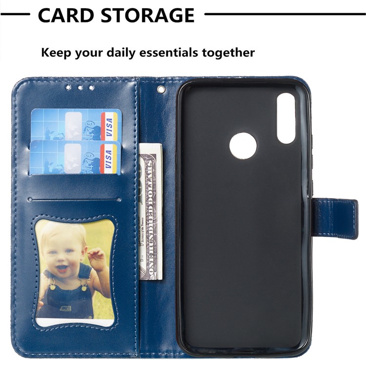 Imprint Leaf Wallet Stand Leather Case with Strap for Huawei P Smart (2019)/Honor 10 Lite - Dark Blue-8