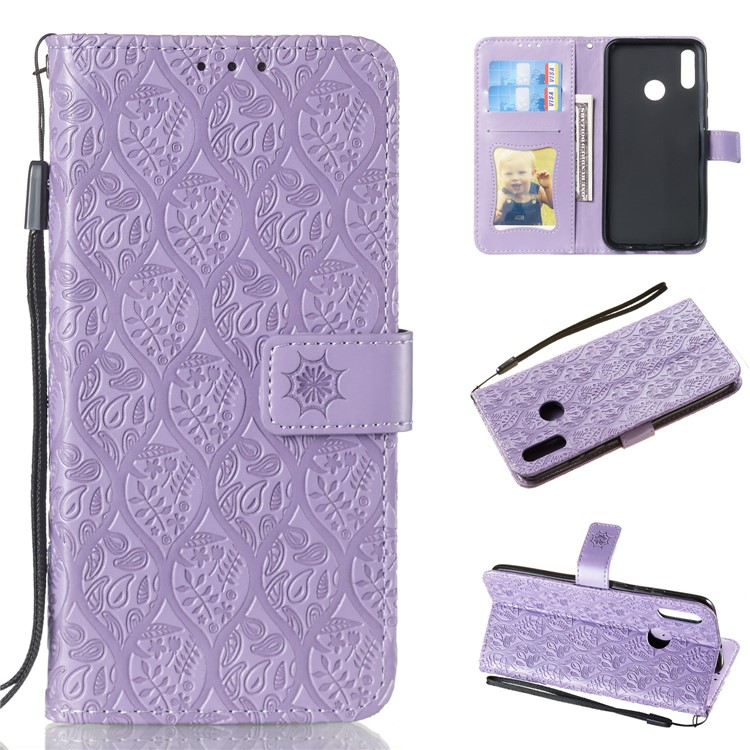 Imprint Leaf Wallet Stand Leather Case with Strap for Huawei P Smart (2019)/Honor 10 Lite - Purple-1