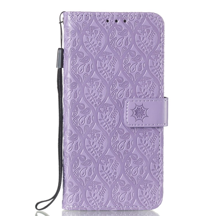Imprint Leaf Wallet Stand Leather Case with Strap for Huawei P Smart (2019)/Honor 10 Lite - Purple-2