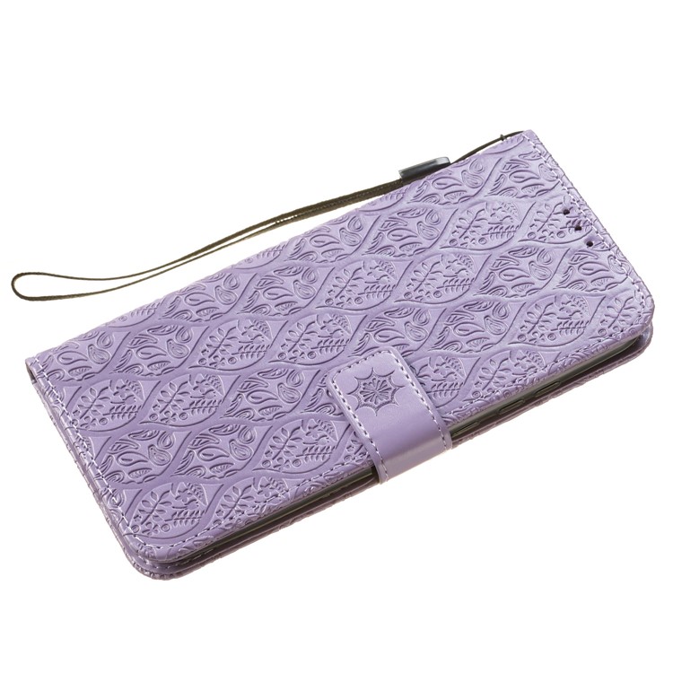 Imprint Leaf Wallet Stand Leather Case with Strap for Huawei P Smart (2019)/Honor 10 Lite - Purple-4