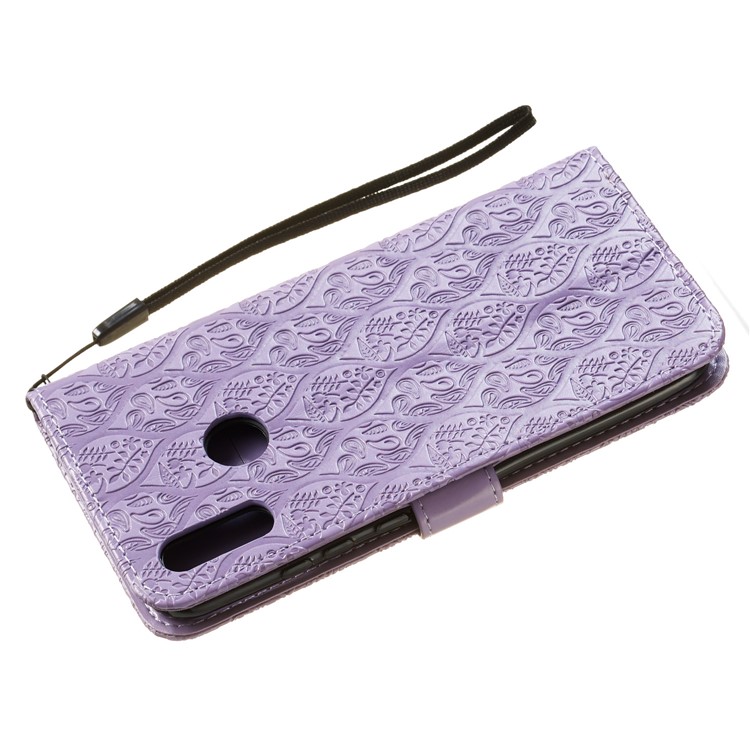 Imprint Leaf Wallet Stand Leather Case with Strap for Huawei P Smart (2019)/Honor 10 Lite - Purple-5